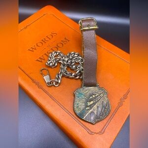 Antique Railroad Train Watch FOB Medallion Bridge Forest Badge Leather & Chain